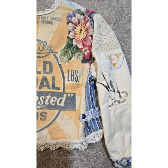 OOAK Magnolia Boho Indie Jacket Upcycle VTG Flour Sack Oversized Short L - XL - Picture 5 of 16